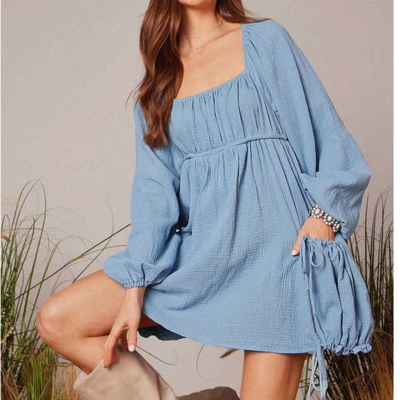 Boho Baby Blue High Waisted Pockets Long sleeve Mini Dress - Picture 1 of 6